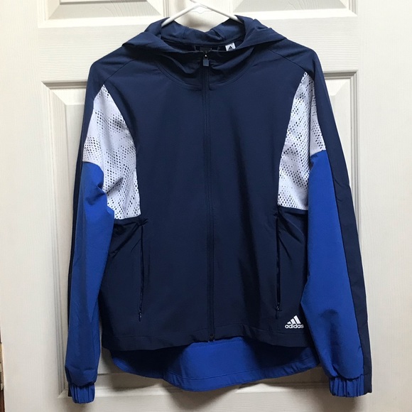 adidas Jackets & Blazers - Adidas blue/white long sleeved hooded windbreaker